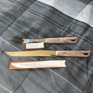 Tupperware Vintage Carving Knife and Fork Set with Marble like plastic Handles